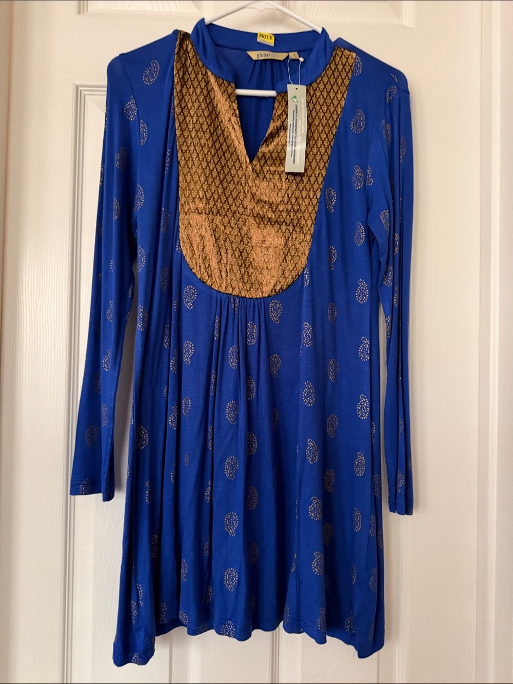 Global Desi Royal Blue Long-Sleeve Tunic with Gold Yoke